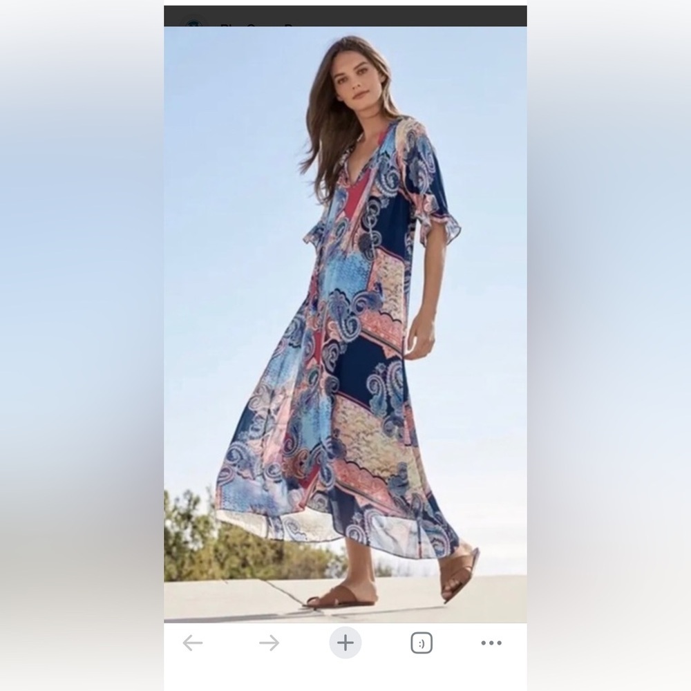 Johnny Was Bohemian Navy & Coral Paisley Print V-Neck Maxi Dress Women’s Small